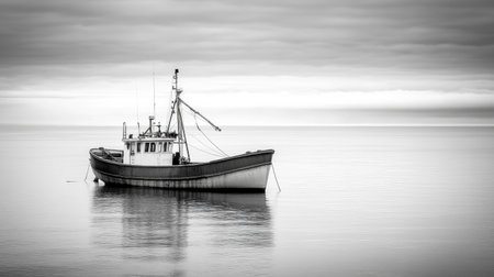 A lone fishing boat on the calm, expansive sea, with no land in sight, evoking a sense of quiet solitude and isolation.の素材