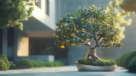 Tree robot with a mechanical trunk and sensor-based leaves, creating a harmonious blend of nature and artificial intelligence in a modern setting.の素材