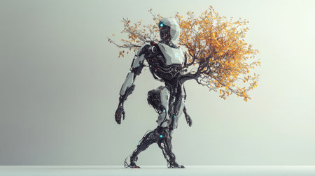 Futuristic tree-shaped robot with metallic branches and glowing leaves, set against a neutral background, blending nature and technology.の素材