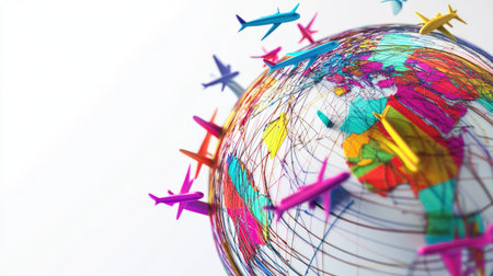 A 3D-rendered globe with colorful airplanes orbiting, showing major continents and travel routes, on a bright white background.の素材