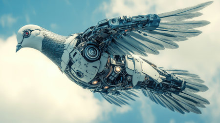 Robotic pigeon in flight, its sleek metallic body and detailed mechanical feathers captured mid-air with a minimalist sky backdrop.の素材