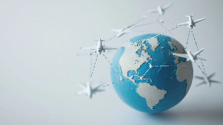 A creative display of a globe with model airplanes connected by dotted lines, symbolizing global travel, on a clean white surface.の素材