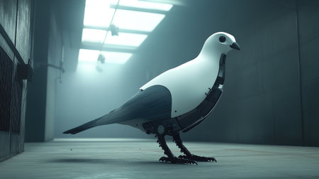 Robotic pigeon on the ground, its mechanical legs and sleek design illuminated by soft overhead lighting, set in a minimalist environment.の素材