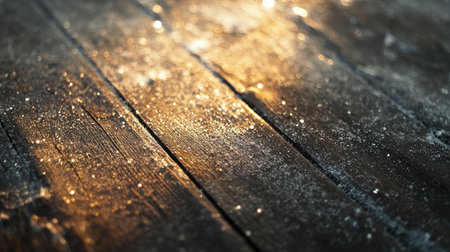 Close-up of untouched snow on a wooden surface, highlighting the soft texture and sparkling details under morning light.の素材