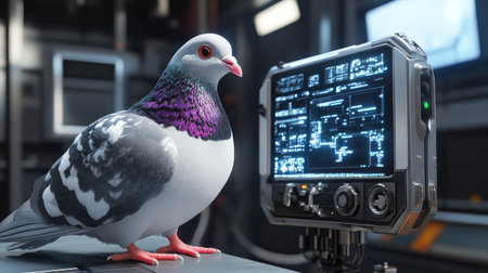 Robotic pigeon interacting with a high-tech device, showing its advanced sensors and robotic features against a futuristic workspace backdrop.の素材