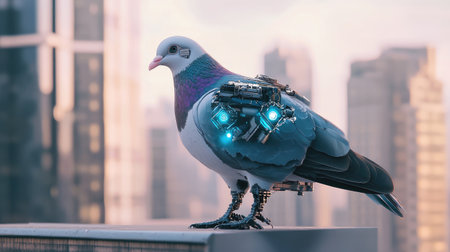 Side view of a robotic pigeon standing on a rooftop, with mechanical wings and digital sensors, in a modern cityscape setting.の素材