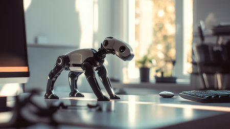 Small, quadrupedal robot dog with minimalist design, sitting on a desk in a futuristic, light-filled workspace.の素材