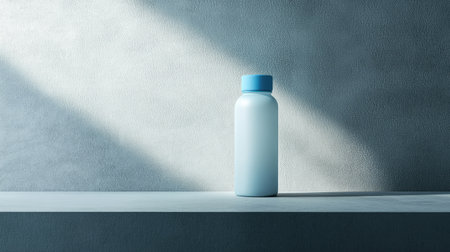 Side view of an empty water bottle with a blue cap, resting on a smooth light-gray tabletop, surrounded by soft ambient lighting.の素材