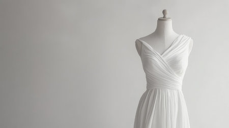 Elegant white dress on a mannequin against a seamless white background, minimalist and clean fashion presentation.の素材