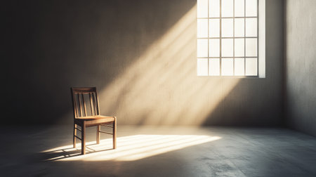 A single chair in a vast, empty room with soft light streaming through a window, highlighting the feeling of loneliness.の素材