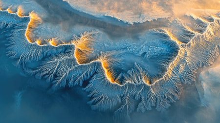 Macro shot of a water surface partially frozen, detailed frost patterns spreading across the icy edges under soft light.の素材
