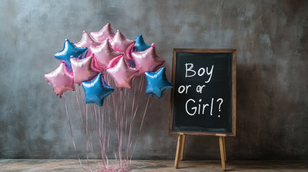 A bunch of pink and blue star-shaped balloons arranged in front of a neutral wall with a chalkboard sign reading "Boy or Girl?"の素材