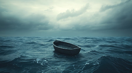 A solitary boat in the middle of the sea, surrounded by waves and a vast sky, symbolizing solitude and quiet contemplation.の素材
