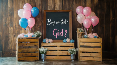 Rustic-themed gender reveal setup with wooden crates, pink and blue balloons, and a chalkboard sign reading "Boy or Girl?"の素材