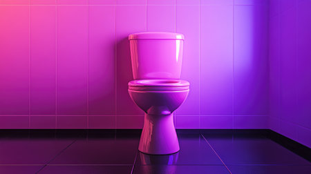 A neon pink toilet glowing under purple ambient lighting, placed on a glossy black floor for a futuristic vibe.の素材