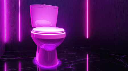 A neon pink toilet glowing under purple ambient lighting, placed on a glossy black floor for a futuristic vibe.の素材