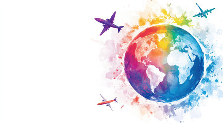 A vibrant globe with playful, colorful airplanes circling it, emphasizing exploration and wanderlust, on a stark white background.の素材