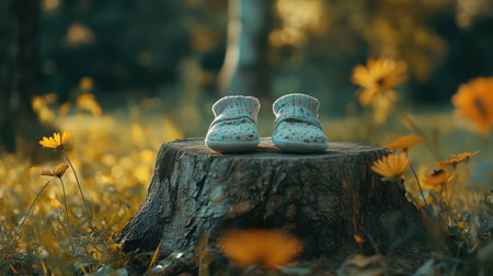 A serene nature scene with a pair of baby booties placed on a tree stump, symbolizing new beginnings. No people included.の素材