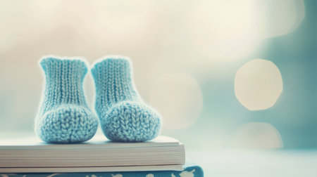A pair of tiny baby socks placed on a stack of pregnancy books with a blurred soft light background, focus on the socks.の素材