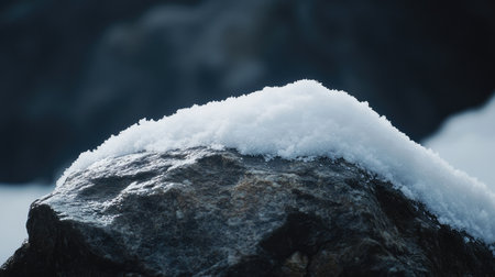 Snow piled gently on a smooth rock, soft light capturing the contrast between cold, white snow and dark textured stone.の素材