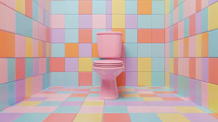 A single pastel pink toilet in the middle of a room with multicolored geometric wall patterns and matching floor tiles.の素材