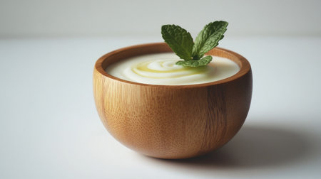 A smooth wooden cup of yogurt with a swirl of honey and a sprig of mint, placed on a simple white backdrop.の素材