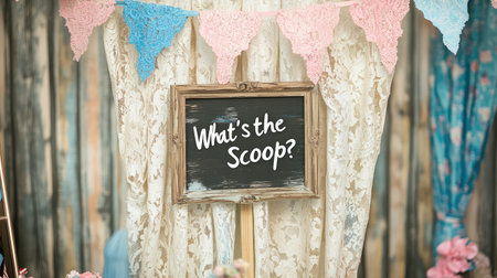 Vintage-style gender reveal backdrop featuring lace curtains, pink and blue bunting, and a wooden sign with "What's the Scoop?" written on it.の素材