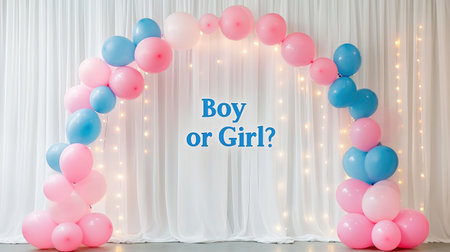 Balloon arch in pink and blue with a "Boy or Girl?" sign at the center, set against a white curtain backdrop with subtle fairy lights.の素材