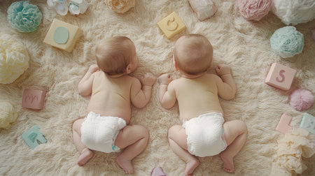 Twin babies in diapers lying back-to-back on a fluffy cream rug, surrounded by alphabet blocks and pastel decorations.の素材
