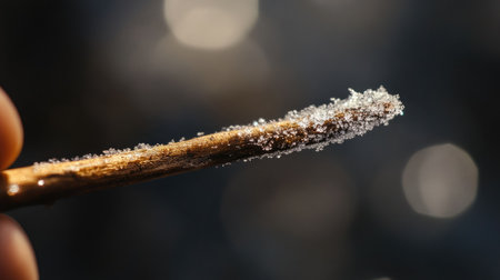Snow resting on a small twig, tiny ice crystals glittering in sharp focus against a softly blurred wintry backdrop.の素材