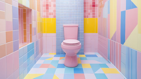 A single pastel pink toilet in the middle of a room with multicolored geometric wall patterns and matching floor tiles.の素材