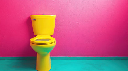 A single bright yellow toilet standing on a turquoise floor, with a contrasting pink wall as the backdrop.の素材