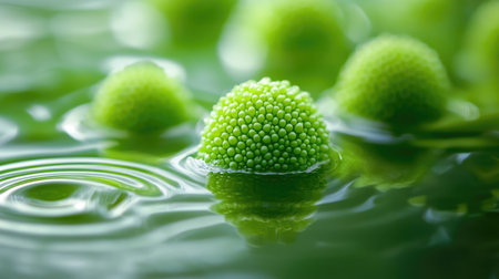 Close-up of Wolffia globosa floating on a still water surface, with vibrant green tones and soft ripples creating a serene backdrop.の素材