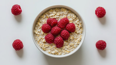Oatmeal bowl with a heart shape made of raspberries in the center, set on a white minimalist background.の素材