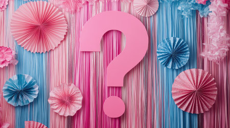 Backdrop featuring a large question mark surrounded by pink and blue paper fans, with a fringe curtain adding sparkle.の素材
