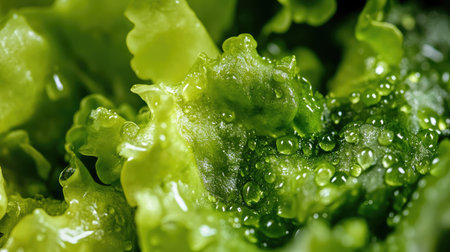 Macro shot of Wolffia covered with dewdrops in early morning light, capturing its vibrant green hue and natural beauty.の素材