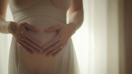 Close-up of a pregnant belly with hands forming a heart shape on the bump, surrounded by soft natural light, minimalistic background.の素材