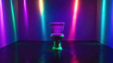 An electric purple toilet on a glowing neon green pedestal, surrounded by a dark room illuminated by colorful spotlights.の素材