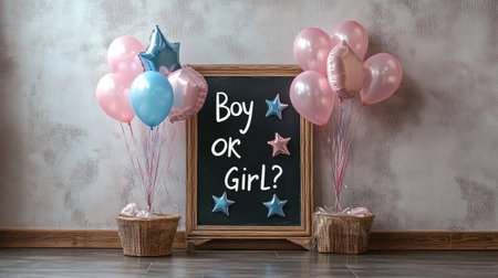 A bunch of pink and blue star-shaped balloons arranged in front of a neutral wall with a chalkboard sign reading "Boy or Girl?"の素材