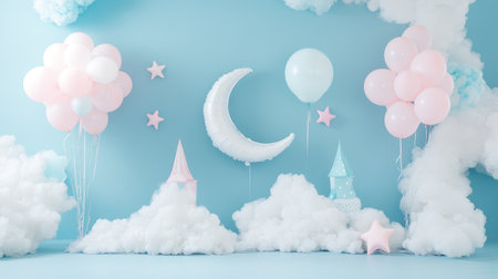 Cloud-themed setup with fluffy white balloons, pink and blue stars, and a crescent moon centerpiece on a soft sky-blue backdrop.の素材