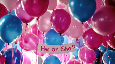 Ceiling filled with pink and blue balloons, creating a dramatic reveal effect, with a "He or She?" banner in the foreground.の素材