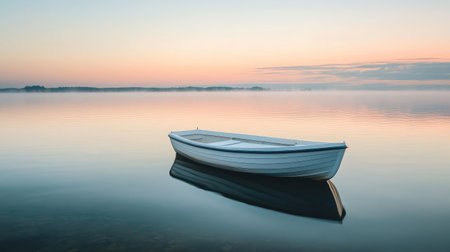 A lonely boat floating on a calm, foggy lake at sunrise, with no visible shore, evoking a sense of isolation.の素材