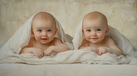 Cute twin babies in diapers lying under a soft muslin swaddle, peeking out with playful smiles, on a neutral background.の素材