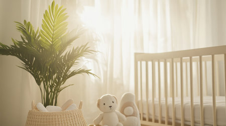 Soft-focus image of a neutral-colored nursery setup: crib, plush toys, and a small plant in the corner with natural light filtering in.の素材