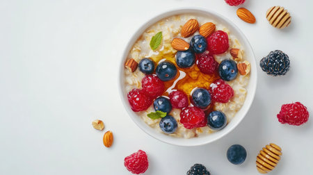 Top view of a bowl of oatmeal topped with fresh berries, nuts, and a drizzle of honey, set on a clean white background.の素材