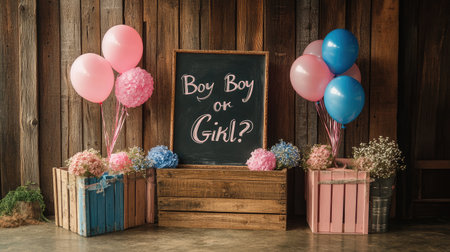 Rustic-themed gender reveal setup with wooden crates, pink and blue balloons, and a chalkboard sign reading "Boy or Girl?"の素材