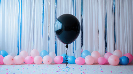 Elegant backdrop featuring a black balloon ready to be popped, surrounded by small pink and blue balloons on a white carpet.の素材
