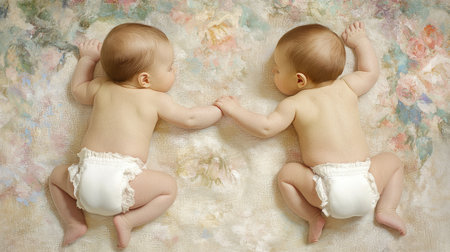 Twin babies in matching white diapers lying on a soft beige blanket, facing each other and holding hands, with a pastel background.の素材