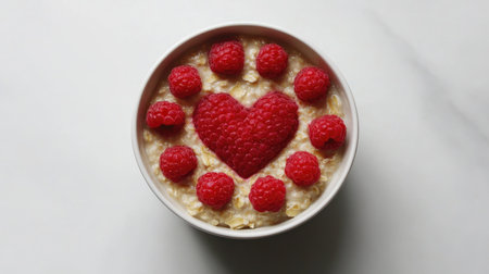 Oatmeal bowl with a heart shape made of raspberries in the center, set on a white minimalist background.の素材