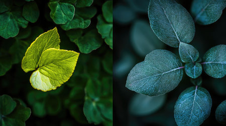 Close-up of Wolffia and a small floating leaf, showcasing contrast between their shapes and shades of green.の素材